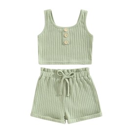 Yccutest Toddler Girl Summer Outfits Set Ribbed Cropped Vest Top High Waist Shorts Solid Clothing Set