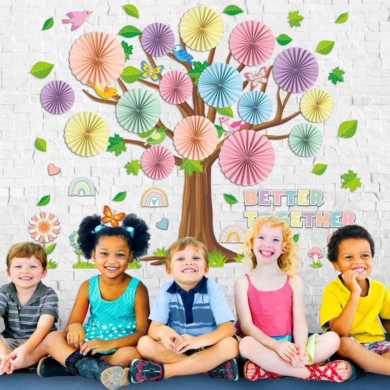 Pastel Classroom Tree Bulletin Board Set with 3D Paper Fans