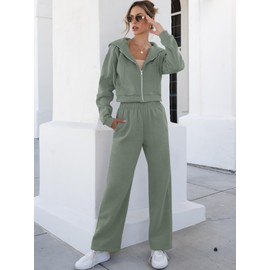 ANRABESS Women 2 Piece Outfits Sweatsuit Zip Up Crop Hoodies SweatPants Lounge Matching Sweat Set 2024 Winter Trendy Clothes Light Green Large