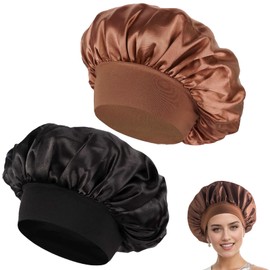 Pack of 2 Silk Bonnet for Sleeping, Satin Hair Cap, Silk Bonnet Sleep Cap for Women and Girls, Soft Breathable, for Night Hair Protection (Brown, Black), black