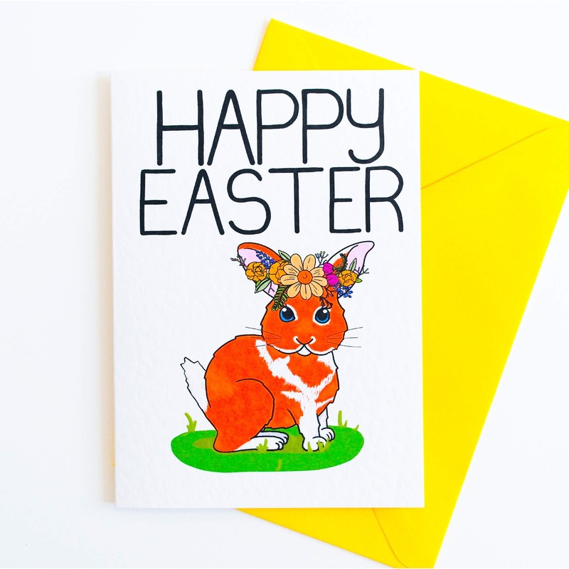 Happy Easter Card with Cute Easter Bunny Rabbit with Yellow