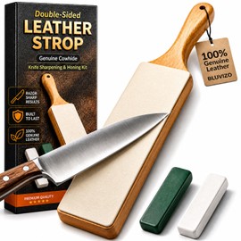 Leather Strop for Knife Sharpening: Double-Sided Genuine Cowhide Stropping Block with 2 Grits Polishing Compound for Straight Razor, Knife Honing, Wood Carving Tools & Chisels