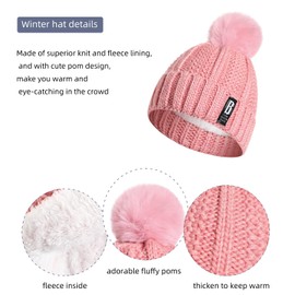 Pom Beanie Hat Scarf Gloves Set 3 in 1 Warm Thick Lining Slouchy Beanie Hats Scarf Touch Screen Gloves for Womens Girls (Pink)