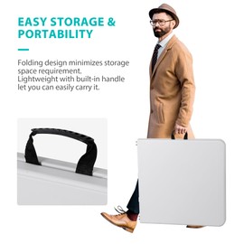 Saicool 4FT Fold in Half Folding Table, Duty Event Table Height Adjustable19 to 24 to 29in Indoor Outdoor Plastic Camping Table w Carring Handle Lock for Picnic, Party, BBQ, White (4FT)