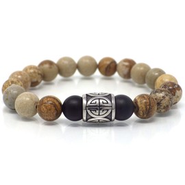 Herrenarmband aus braunem Edelstahl mit chinesischen Ornamenten und Jaspis und Achatperlen