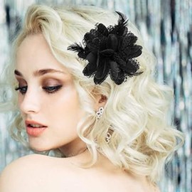 Black Ladies Feather Flower Hair Clip Elegant Hat Flower Mesh Ribbons Brooch Pin Hair Accessory Fascinator Headwear Floral Corsage for Women and Girls Birthday Wedding Party(2 pieces）