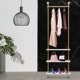 LIAPDG Gold Clothes Rack Stand, Luxury Wall Mounted Clothes Rack with Shelf Organizer Industrial Vintage Style Heavy Duty Hanging Shelve for Clothing Stores, Workrooms with Three Shelves