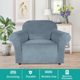 Turquoize Stretch Velvet Chair Cover Sofa Chair Covers for Living Room Armchair Cover Chair Slip Covers with Arms Chair Slipcovers with Elastic Bottom Crafted from Velvet Fabric (Chair, Stone Blue)