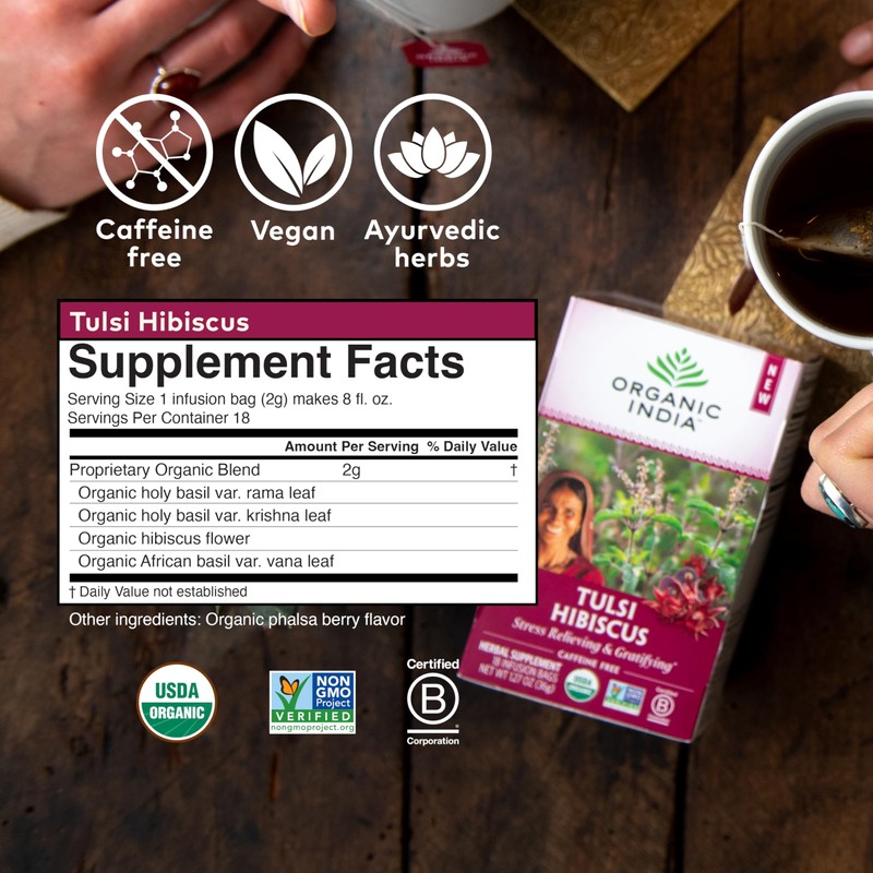 Organic India Tulsi Hibiscus Herbal Tea - Holy Basil, Stress