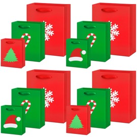 Casuallined 24 Pcs Christmas Paper Gift Bags with Handles Assorted Sizes Xmas Tree Candy Canes Santa Hat Snowflakes Pattern Gift Bags for Christmas Party Present Wrapping