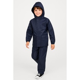 A2Z 4 Kids Boys Girls Waterproof Hooded Rain Suit with Matching Carry Bag Lightweight - Rainsuit 640 Navy 5-6