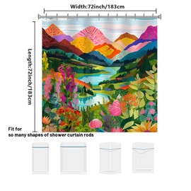 She Love Mountain Abstact Shower Curtain Nature Forest Lake Watercolor Art Painting Landscape Colorful Green Shower Curtain with Metal Hooks 72x72 Inch Waterproof Polyester Bathroom Curtain