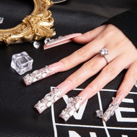 LOVFUL Stunning Bling Nails,Crystal Detailed Diamonds Press On Nails | Custom Shape | Glitter Rhinestone Nails | Gradient Pink Fake Nails| H126 (L)