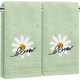 JarThenaAMCS 2Pcs Daisy Hand Towels Embroidered Spring Flower Bloom Cotton Bathroom Towel Green Soft Absorbent Dish Towel for Drying Cleaning Cooking, 13.3 x 29.1 Inch