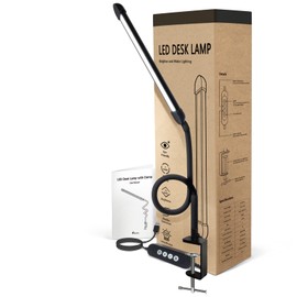 Phimuezl LED Desk Lamp with Clamp, Clamp Light with Adjustable Color Modes, Clip on Light with Long Flexible Gooseneck, Eye Care Lamp Clamp for Study, Work, Home, Office, Black, 12W