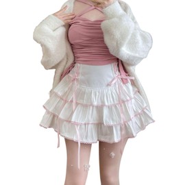 Cuteighteen Lolita Tiered Mini Skirt Women Skorts Kawaii Layered Ruffle High Waist Lace Up A Line Cute Skirts for Teen Girls (US, Alpha, Medium, Regular, Regular, White)