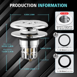 1 x Pop Up Drain Strainer, Upgraded Bathroom Sink Plug, ABS Drain Plug Universal, Sink Plug, with Filter Strainer/Seals, Drain Plug for Bathroom, Sink and Kitchen (34-40 mm).