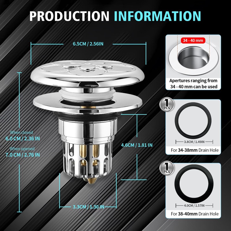1 x Pop Up Drain Strainer, Upgraded Bathroom Sink Plug,