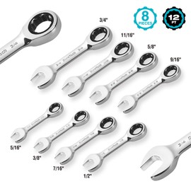 DURATECH Stubby Ratcheting Combination Wrench Set, SAE, 8-Piece, 5/16'' to 3/4'', CR-V Steel, with Rolling Pouch
