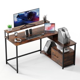 Computer Desk with File Drawers Cabinet, 55 Inch Home Office Desk with Shelves Monitor Stand,USB Power Outlets and LED Lights for Small Space Home Office,Bedroom,Rustic Brown