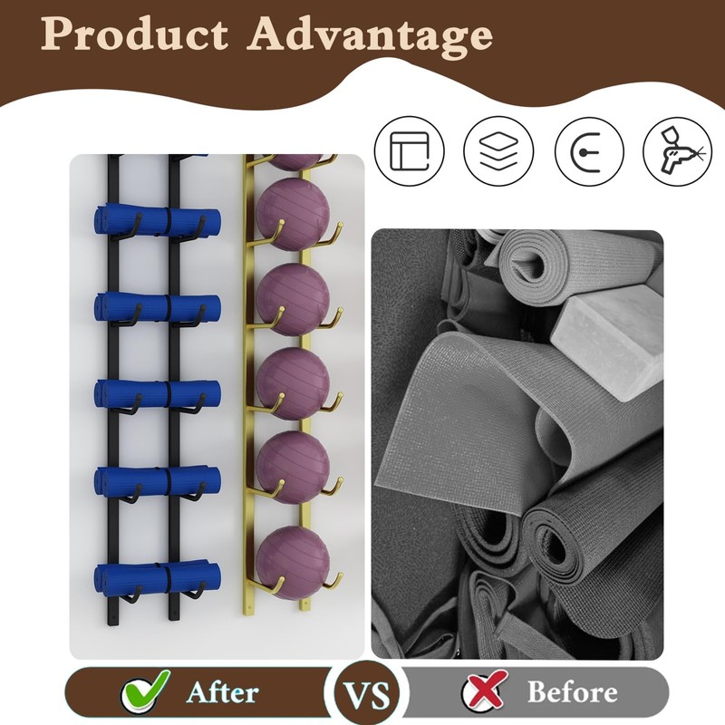 amhricho Yoga Mat Storage Rack, Wall Mounted Yoga Mat Holder,