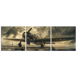NAN Wind Vintage Aviation 3-Piece Canvas Art Set Retro Classic Warplane Paintings Printed on Waterproof Gallery-Wrapped Framed Canvas Nostalgic Military Aircraft Wall Decor for Home Decorators