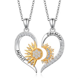 HOOHWE Mother Daughter Necklaces 925 Sterling Silver Sun and moon Heart Matching Pendant Family Jewelry Mom and Daughter Gift for Mom Mothers Day Birthday Present