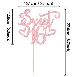 1 decoración para tartas de 16 años, diseño de corazón con purpurina, para cumpleaños de 16 años, para decoración de tartas de 16 años, color rosa claro