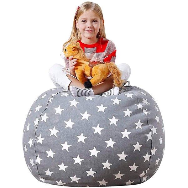 Aubliss Stuffed Animal Bean Bag Storage Chair, Beanbag Covers Only for Organizing Plush Toys, Turns into Bean Bag Seat for Kids When Filled, Large 38"-Canvas Stars Grey