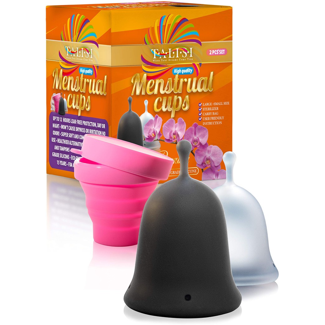 Talisi Feminine Hygiene Menstrual Cups with Collapsible Cleaner Sterilizer - Menstruation Period Cup - Flexible Soft Reusable Silicon Menstrual Cup - Small and Large Size - Regular and Heavy Flow
