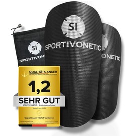 SPORTIVONETIC® High Performance Adjustable Shin Pads for Adults & Children, Women & Men Football, Football, Shin Guards, Shin Pads, Extra Small, Thin, Mini with Bag (Black)