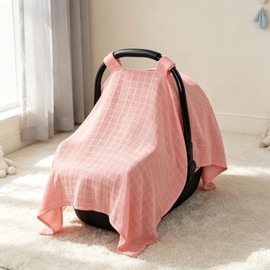 Muslin Car Seat Cover Baby, Ultra Breathable Baby Carseat Cover for Girls Boys, Lightweight Infant Car Seat Cover, Universal Stroller Cover for Sunshade, Babies Essentials for Outdoor in Summer, Pink