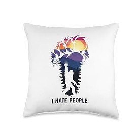 Sasquatch Hiking I Hate People Joke, Funny Wild Bigfoot I Hate People Funny Joke Introvert, Humor Sasquatch Throw Pillow, 16x16, Multicolor