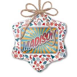 NEONBLOND Christmas Ornament Greetings from Madison, Vintage Postcard Red White Blue Xmas