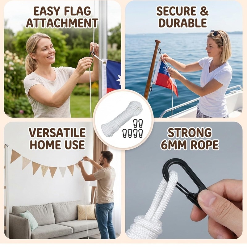 Flag Pole Rope, Professional Halyard Kit with 6 Clips, 20m
