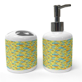 Ambesonne Mushroom Soap Dispenser & Toothbrush Holder Set, Woodland Cartoon Blue Mushrooms in Drawing on Yellow Background, Ceramic Bathroom Toiletry Accessories, 2 Pcs, Yellow Multicolor