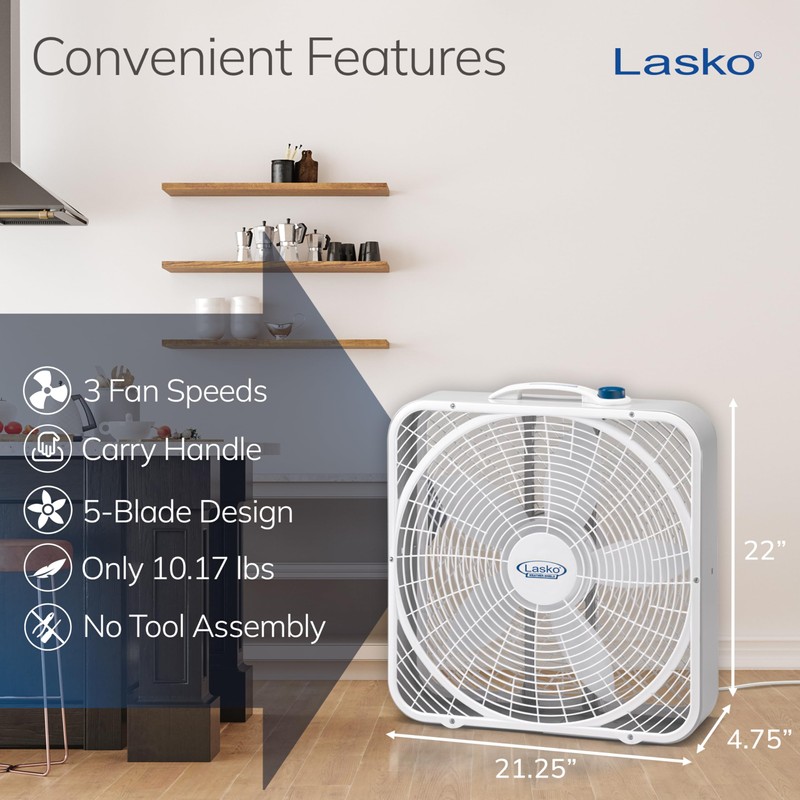 Lasko Weather-Shield Performance Box Fan, 3 Speeds, Innovative Wind Ring