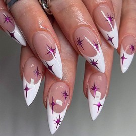 ANDGING French Tip Press on Nails Almond Short Medium White Fake Nails Acrylic Glue on Nails with Purple Star Design Women False Nails with Glue Manicure Gel Stick on Nails for Wedding Birthday KAD98