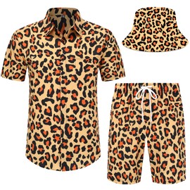 Spanoous Leopard Print Shirt Mens Hawaiian Shirts and Shorts Set Funny Hawaiian Shirts for Men Beach Outfits Sets with Bucket Hats 04-3XL