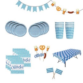Deluxe All-In-One Oktoberfest Party Pack Bundle for 8 Settings with Bavarian Decoration Deli Tableclothe, Plates, Cups, Napkins, Toothpicks & Banners