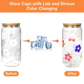 Mason Life Cute Glass Cups, Color Changing Cups 18OZ Glass Cups with Lids and Straws Drinking Glasses Beer Can Shaped, Reusable Glass Coffee Tumbler for Smoothie Tea- 2 Pack