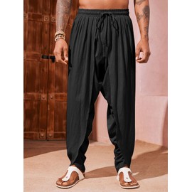 Runcati Mens Linen Harem Pants Casual Elastic Waist Pants Baggy Boho Yoga Hippie Summer Beach Kurta Dhoti Trousers Black