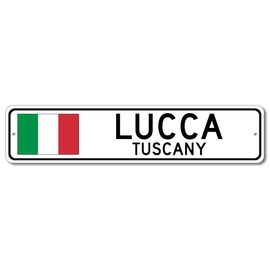 Lucca, Tuscany - Italian Flag Sign - Metal Novelty Sign for Home Decoration, Italian Restaurant Wall Decor, Street Sign, Italian Hometown Sign - 4x18 inches