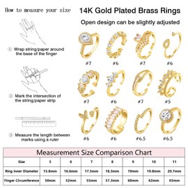 BOMAIL 12Pcs Gold Rings for Women - Adjustable Open Knuckle Rings Non Tarnish 14K Gold Plated Stackable Cubic Zirconia Rings Dainty Thumb Rings Set Jewelry