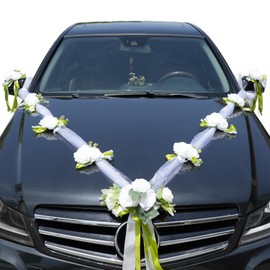 White organza car jewellery, wedding decoration car, car decoration wedding with 13 silk flowers, 5 m spout, wedding jewellery, car decoration, bridal couple, rose decoration, wedding flower