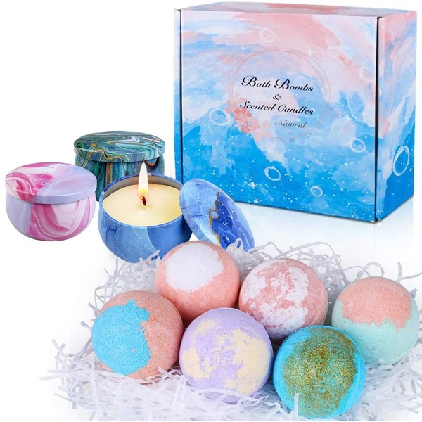 Bath Bomb Gift Set, 6 Bubble Bath Bombs with 3 Scented Candles for Women Moisturize Dry Skin, Gift Set idea for Kids, Men/Women, Wife/Girlfriend, Birthday, Valentine, Mothers Day, Christmas