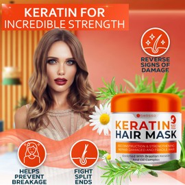 Keratin Hair Mask - Sulfate Free Hydrating Deep Conditioner Treatment for Dry, Damaged and Split Ends - Moisture for Frizzy and Curly Hair - For Women and Men - Moisturizer Care to Repair Damage