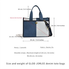Canvas Denim Tote Bag for Women, Two Tone Splicing, Leather Accents, Medium (Dark Blue/Light Blue)