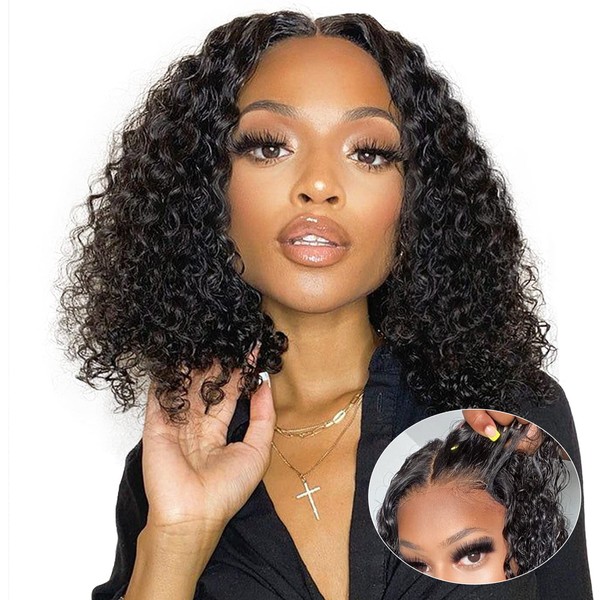 14 Inch Human Hair Bob Wig 4x4 Curly Glueless Wig