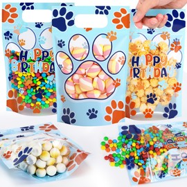 Sweetude 50 Pcs Cartoon Paw Gift Bags Double-sided Print Plastic Bags with Handles Resealable Theme Sealed Pouch for Birthday Baby Shower Candy Gift Wrapping Supplies Decor(Cartoon Paw)